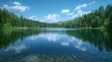 Fototapeta premium Serene lake surrounded by lush green forest under a clear blue sky with fluffy white clouds. Perfect for nature and landscape enthusiasts.