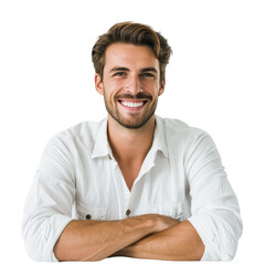 Fototapeta premium Smiling young man with arms crossed, confident and approachable, isolated on transparent background, ideal for business presentations, social media content, and marketing materials.