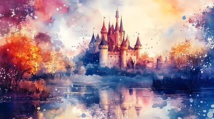 Magical watercolor painting of a fairy tale castle with a moat, in soft pastels, ideal for a child's room, full of charm and fantasy