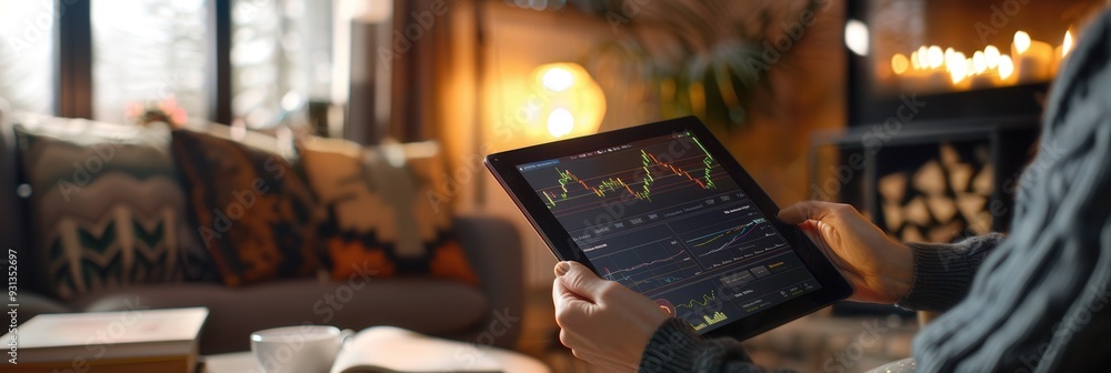 Poster A person looks at a tablet displaying financial data, immersed in analysis in a warm, inviting living room atmosphere. Generative AI