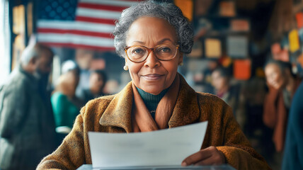The United States presidential election in 2024. A dark-skinned, gray-haired woman puts a ballot into the ballot box. The concept of freedom , the idea of a person voting during elections.
