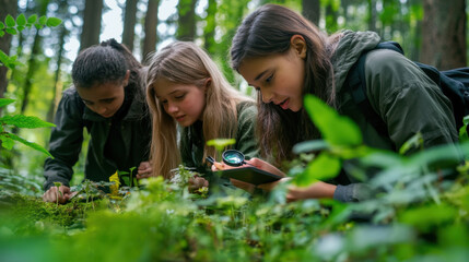 Young learners investigating wild plants with magnifying glasses in the forest, under
