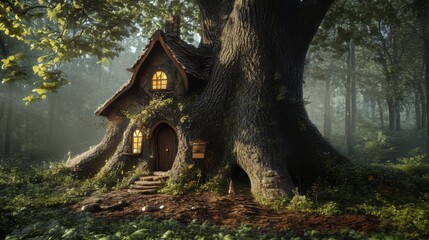 A whimsical treehouse nestled in a lush forest setting.