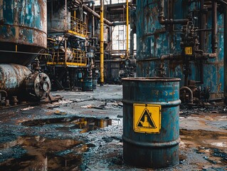 Rusty barrel with warning sign in abandoned factory.