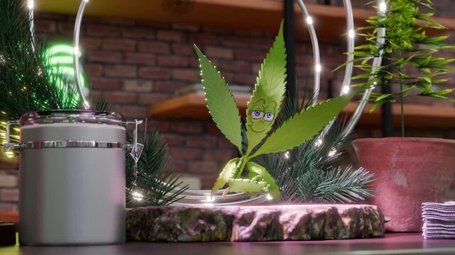 A cannabis leaf is dancing on a table next to a jar of weed and a cannabis plant. Neon lights in the background. The leaf has a stereotypic stoner face.