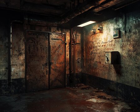 Rusty metal door in a dark, abandoned basement with graffiti.