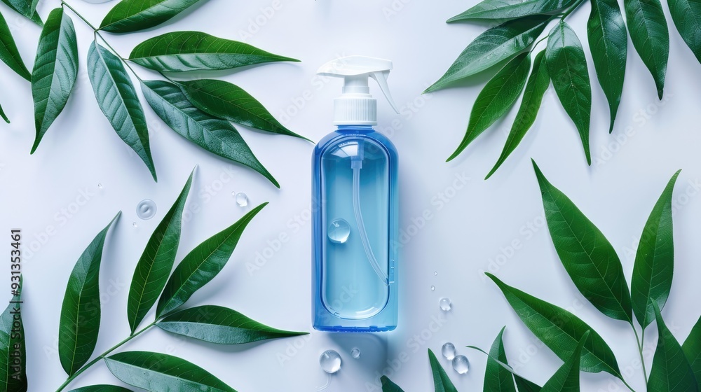 Sticker blue hand sanitizer in container with cassava foliage on a white backdrop