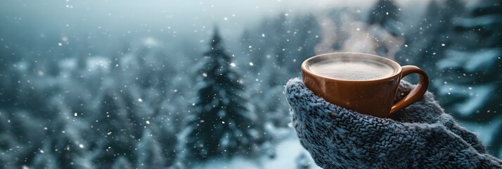 A cup of coffee in a mittened hand, with snow-covered trees and a frosty landscape in the background
