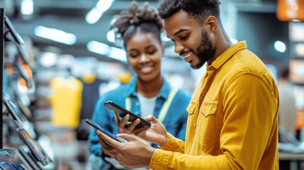 Young man discussing smartphone specs with a tech-savvy salesperson in a contemporary