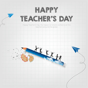 Happy Teacher's Day post with pencil, sharpner creative concept Teacher's day background banner, poster. vector illustration.