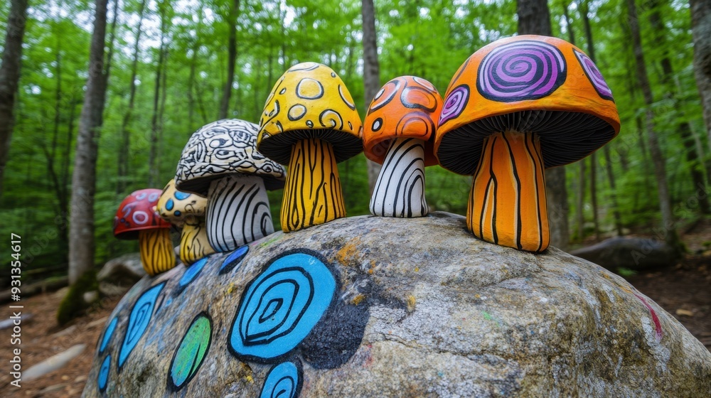 Wall mural a group of colorful mushrooms on a rock in the woods, ai