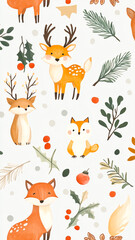 Drawings of deer and owls on a white background. Wrapping paper. Watercolor drawing