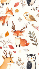Drawings of deer and owls on a white background. Wrapping paper. Watercolor drawing