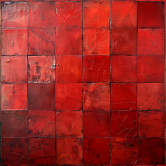 Red wall with aged tiles, showcasing a vintage look. The weathered, textured surface adds character and depth, ideal for conveying a sense of history and rustic charm in design projects
