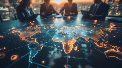 Multinational companies expand their operations into new countries, with expansion areas highlighted on the global map. Diversified team cross-border cooperation, international growth