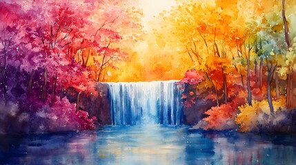 Gentle waterfall flowing through a colorful forest, pastel watercolor painting, designed for a child's room, creating a calming, vibrant scene