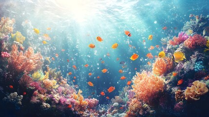 Naklejka premium Pastel-hued coral reef with vivid tropical fish, painted in a soft watercolor style, ideal for a child's room, bursting with underwater beauty