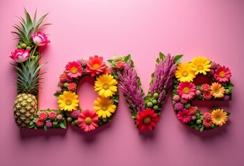 Obraz premium Love Shaped from Vibrant Tropical Flowers with Pineapple on a Pink Background