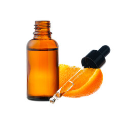 Vitamin C cosmetic bottle in with orange on white background