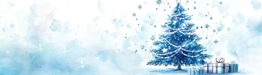 Fototapeta premium A serene winter scene featuring a decorated blue Christmas tree surrounded by festive gifts, evoking holiday joy and warmth.