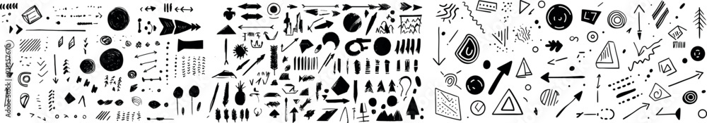 Poster a modern set of black marker line frames, pointers, arrows, circles, ovals, squares and check marks.
