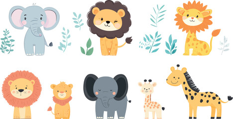 Cute cartoon kids animal character. Wild tiger, giraffe, happy koala, African crocodile, jungle monkey.