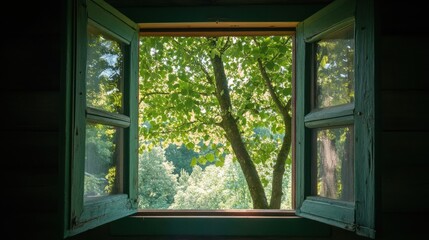 A serene view of lush greenery through an open window.