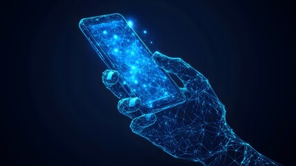 technology in electronics, digital blue low poly hand holding a smartphone with glowing data streams, ai in mobile applications, virtual assistants, communication platforms ,connectivity