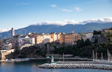 panoramic summer cityscape of Bastia. Stunning afternoon view of Corsica island, France, Europe. Bright Mediterranean seascape