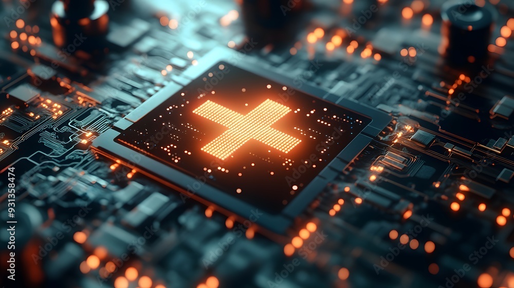 Fototapete a close-up view of a glowing medical cross symbol displayed on a microchip