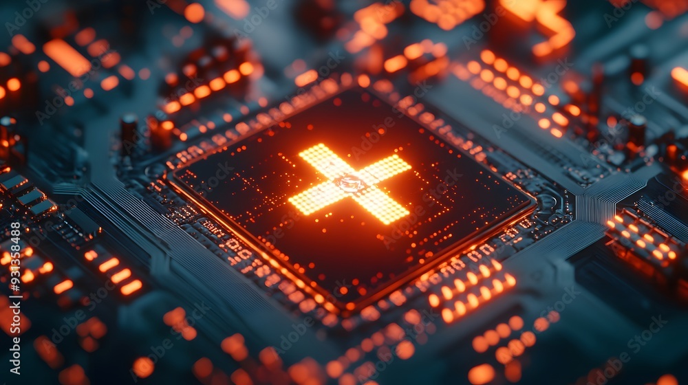 Fototapete a close-up view of a glowing medical cross symbol displayed on a microchip