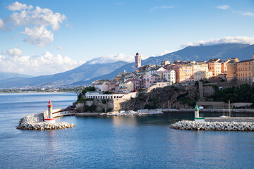 Fototapeta premium panoramic summer cityscape of Bastia. Stunning afternoon view of Corsica island, France, Europe. Bright Mediterranean seascape