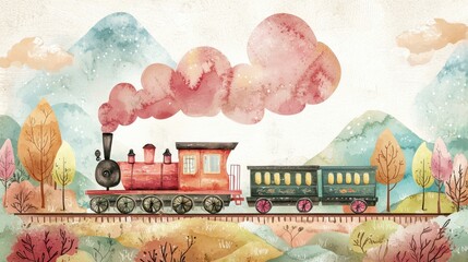 A whimsical watercolor train chugging through a scenic landscape with mountains and colorful trees, perfect for kids' room decor.