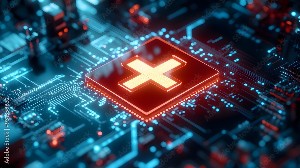 Fototapete a close-up view of a glowing medical cross symbol displayed on a microchip