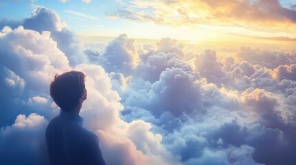 A contemplative individual looks upwards, lost in thought as the sun sets behind magnificent clouds, creating a tranquil atmosphere