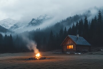 Cozy log cabin with glowing windows and a campfire outside on a misty mountain evening. Tranquil...