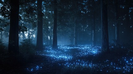 Fototapeta premium Dark forest lit by blue glowing lights on the forest floor.