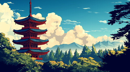 Pop art Japanese five storied pagoda, blue sky and forest. Cloud background in pop art retro comic style.