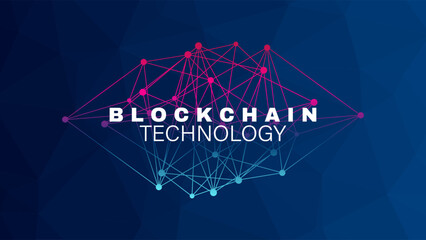 Blockchain technology.  Network vector background. Abstract triangle magenta blue gradient pattern. Decentralization. Design element