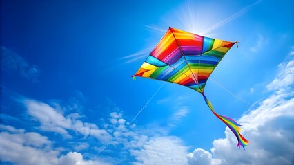 Whimsical shot of a colorful kite flying high in a clear blue sky, capturing the carefree spirit of summer, Kite