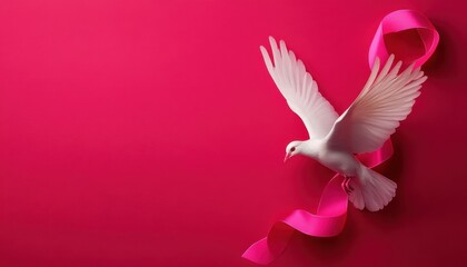 A graceful white dove soaring against a vibrant pink backdrop, symbolizing peace and hope with flowing ribbon accents., World Breast Cancer Day., Peace Day