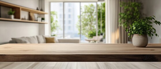 Fototapeta premium Wooden Tabletop with Blurred Background of a Modern Living Room