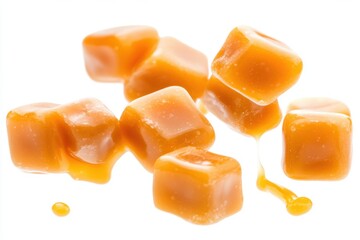 Golden caramel candies with dripping syrup on white