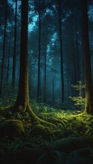 3D illustration rendering of forest image illuminated at night by bioluminescence. Ai generated image.