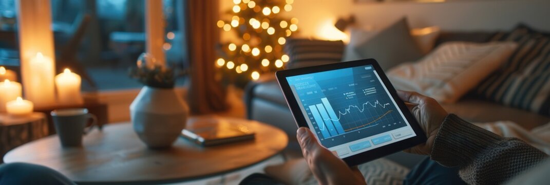 A person is engaged in tracking financial trends on a tablet while seated in a warmly lit living room adorned with festive decorations. Generative AI - Powered by Adobe