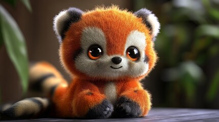 Adorable stuffed animal red panda plush toy with big eyes sitting on a table, green foliage in the...