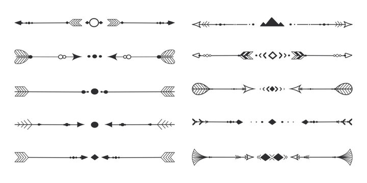 Frame set with tribal native indian arrow, ornament. Border thin line divider decoration with feather, simple motif on white background