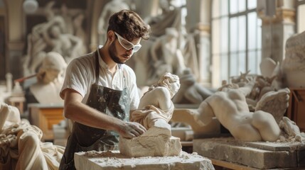 Male sculptor chiseling a statue