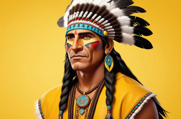 Obraz premium brutal male Native American chief in national attire on yellow background, illustration