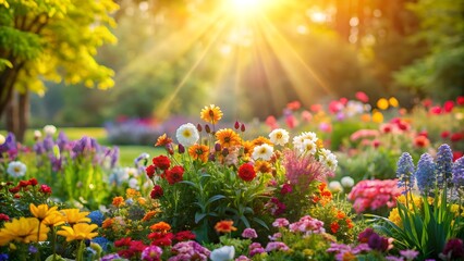 Fototapeta premium Colorful garden with sunlight and blooming flowers, colorful, garden, sunlight, blooming, flowers, nature, vibrant, outdoors